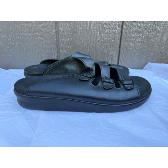 SAS Women's Black Leather Slide Sandals 3 Adjustable Strap Buckles Comfort 11 - Picture 5 of 10